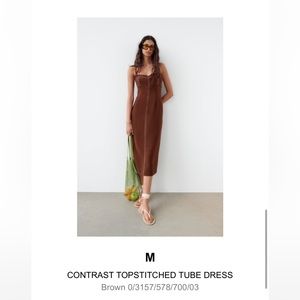 Brown midi Zara dress with white top stitching